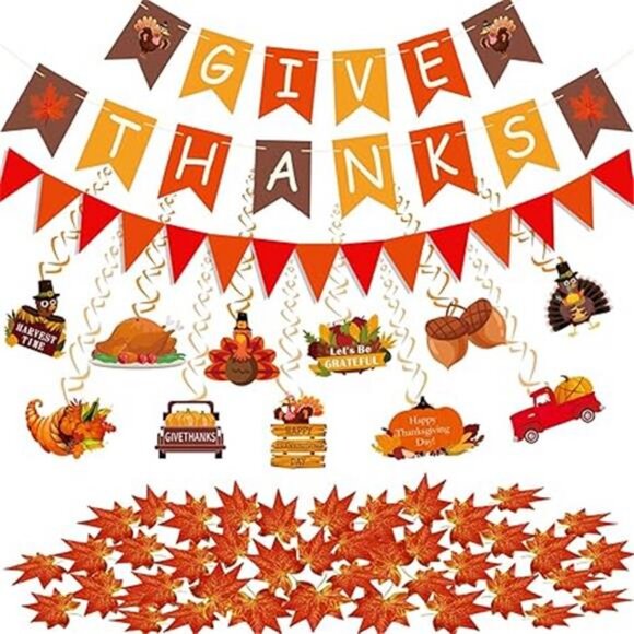 Thanksgiving Party Decorations Including Give Thanks Banner Orange Paper - Picture 8 of 8